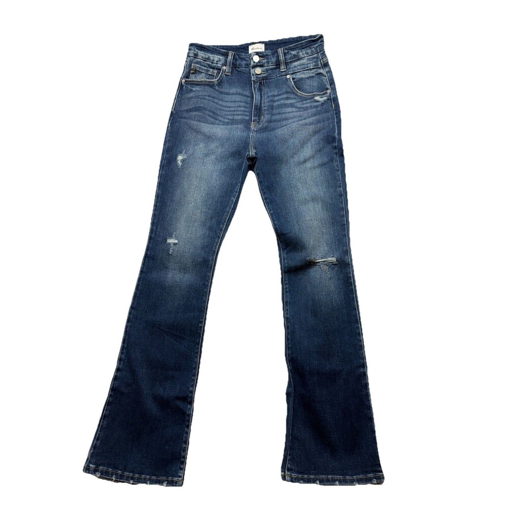 Kancan Women's High Rise Bootcut Jeans Blue Medium Wash Distressed Stretch 9/28